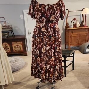Torrid Floral Midi Dress in Brown and Cream